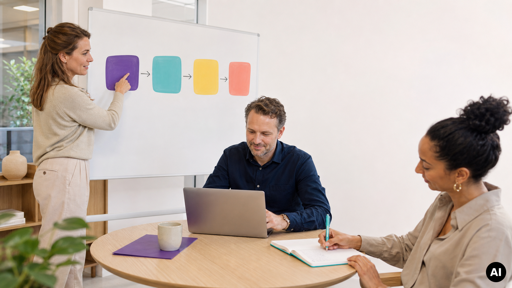 Drie collega’s bespreken een werkproces bij een whiteboard met vier gekleurde stappen en pijlen.