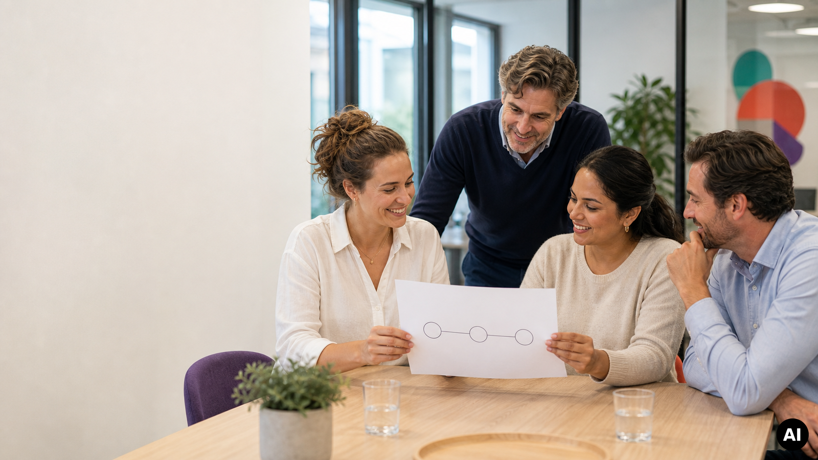 Vier collega's aan een vergadertafel bekijken samen een vel met een eenvoudig schema van verbonden cirkels.