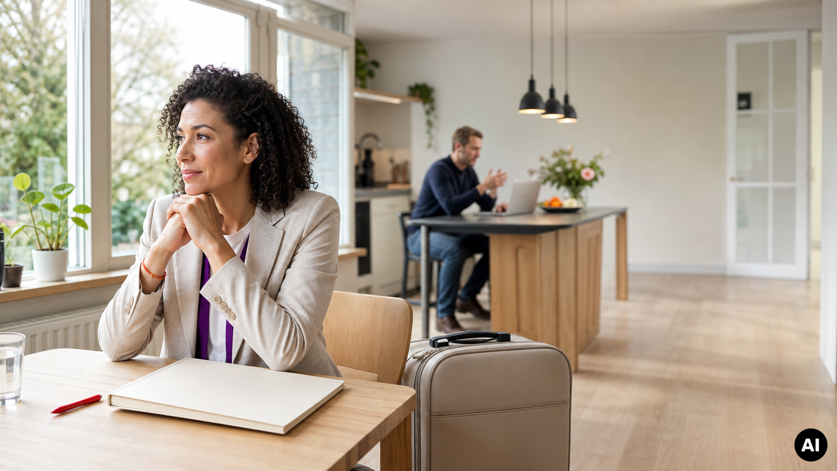 Vrouw zit met een koffer naast zich aan de eettafel, terwijl op de achtergrond een man met een laptop aan het werk is.