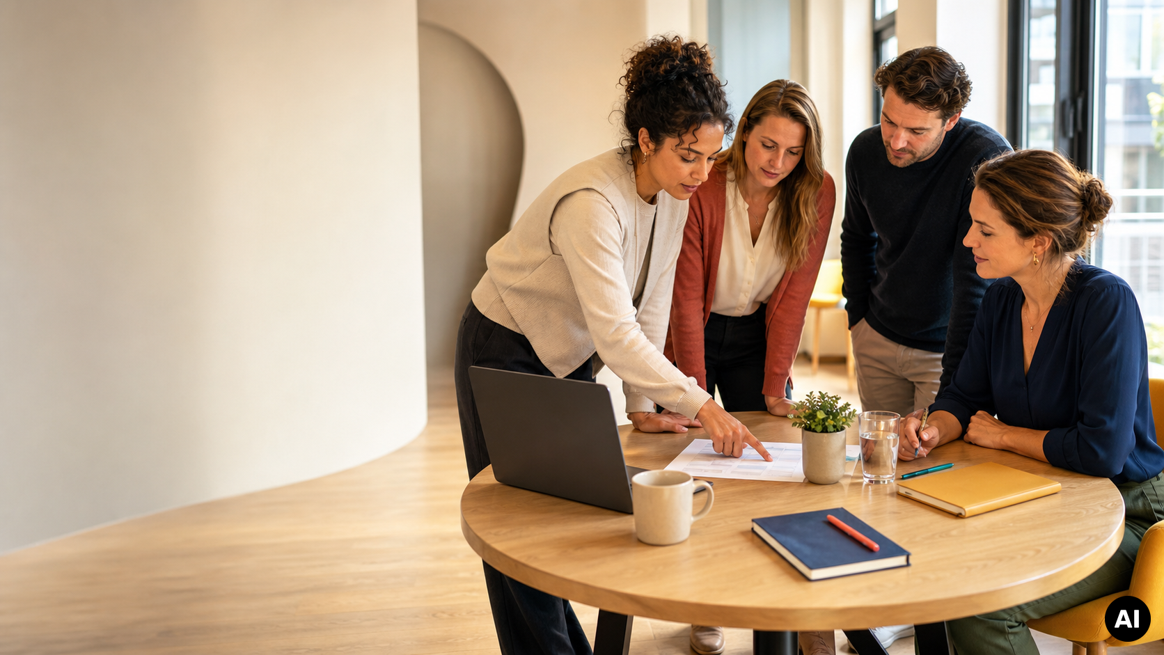 Vier collega's overleggen aan een ronde tafel over documenten en planning, terwijl een vrouw naar een overzicht wijst.