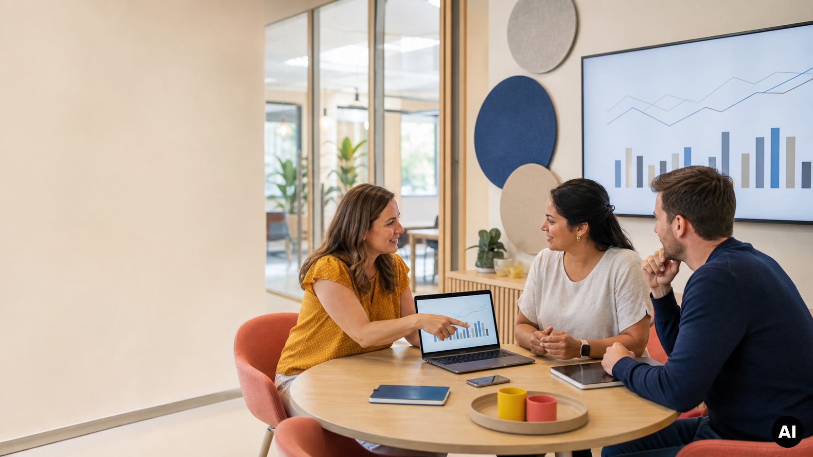 Drie collega's bespreken grafieken op een laptop en groot scherm tijdens een overleg aan een ronde tafel.