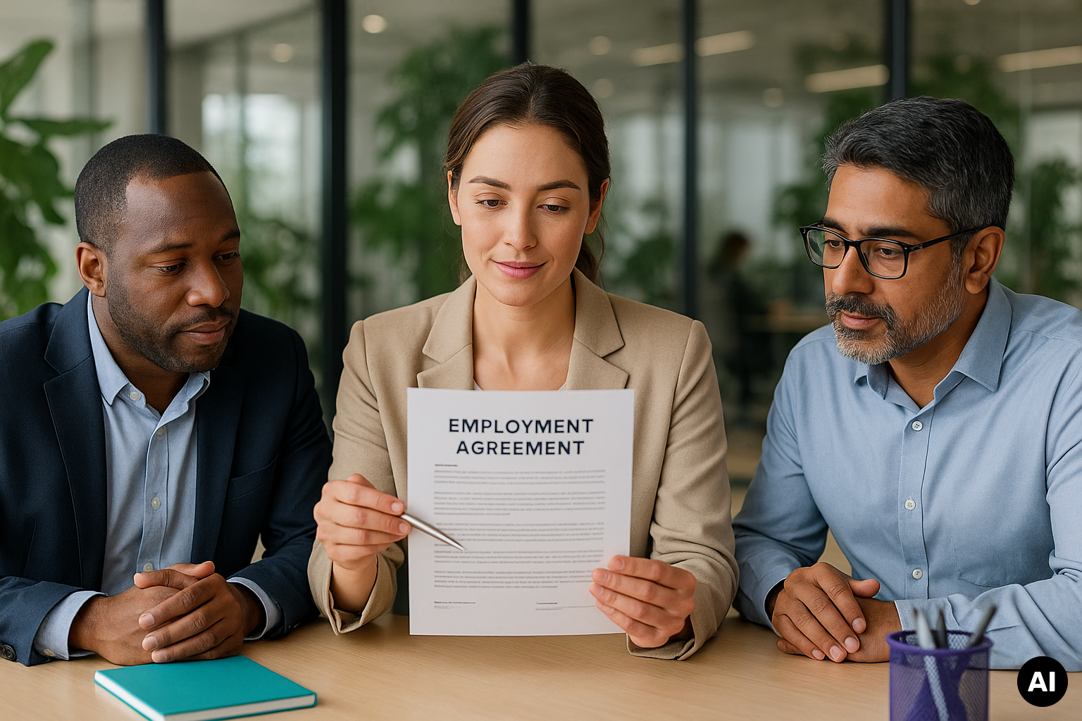 Drie professionals bespreken een arbeidsovereenkomst aan een tafel; de vrouw in het midden houdt het document vast en wijst met een pen naar de tekst.