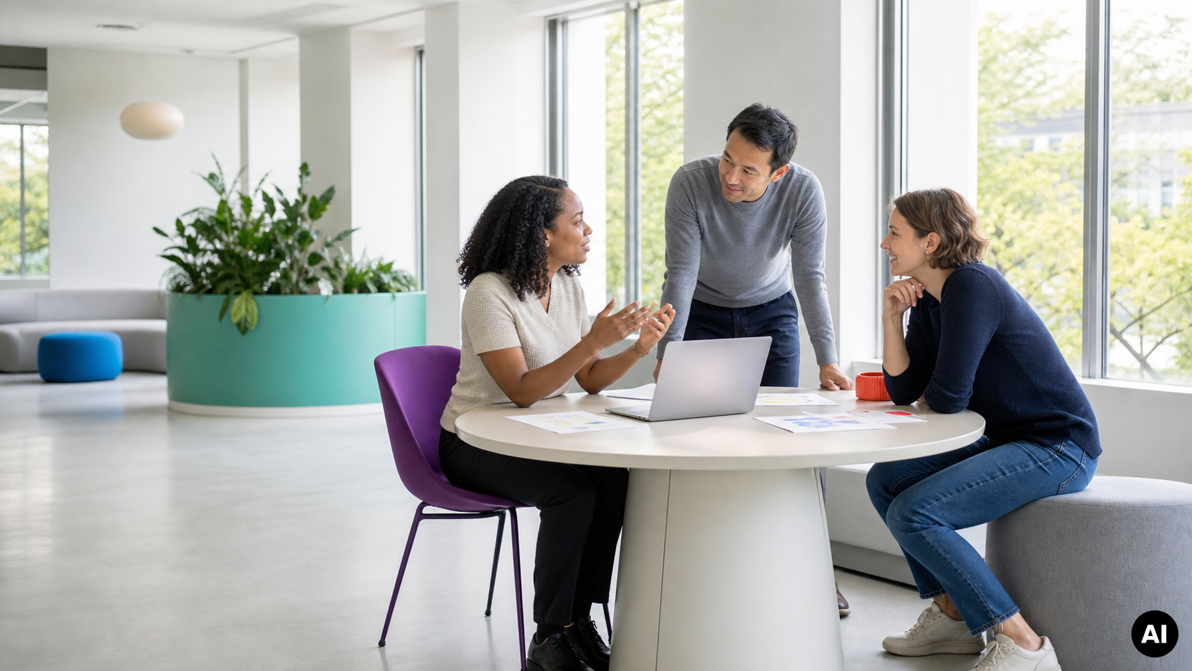 Drie collega's overleggen aan een ronde tafel met een laptop en documenten in een licht, modern kantoor.