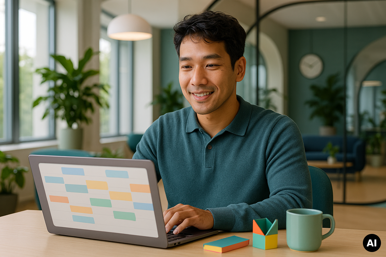 Medewerker bekijkt een digitaal werkrooster op een laptop, met een klok op de achtergrond.
