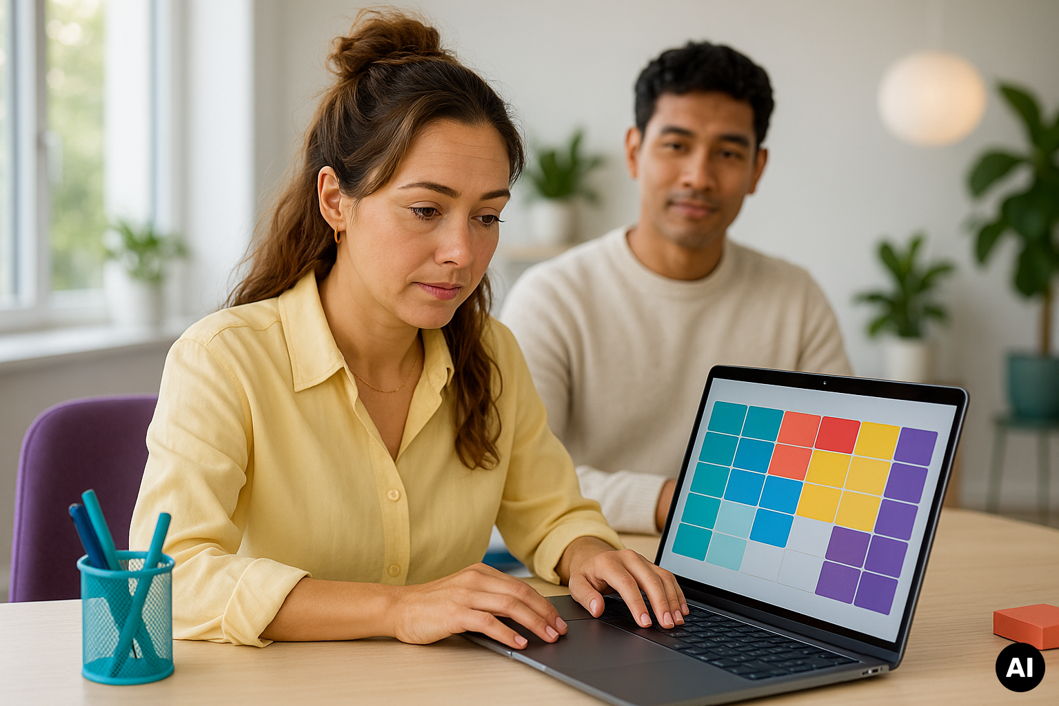 Medewerker registreert een ziekmelding op een laptop met een kleurrijke kalender, terwijl een collega op de achtergrond toekijkt.